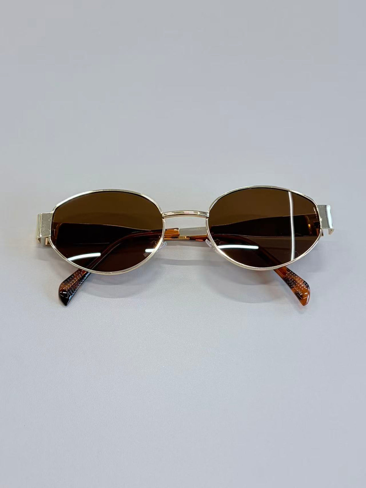 Unisex Gold Oval Metal Sunglasses UV400 PC Brown Tint Lenses