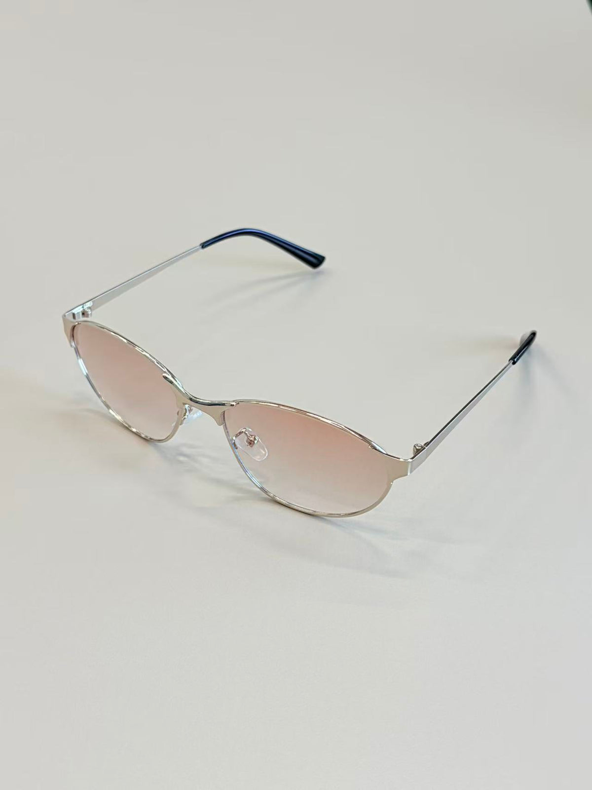 Unisex Silver Oval Metal Sunglasses UV400 PC Rose Tint Lenses